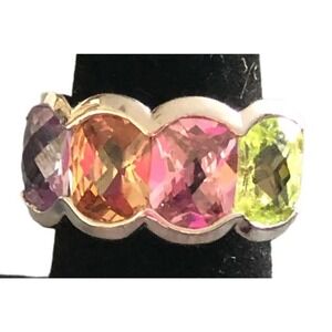 18K GE Multicolor Pastel Gemstone Ring Gold Tone Clear Designer sz 8